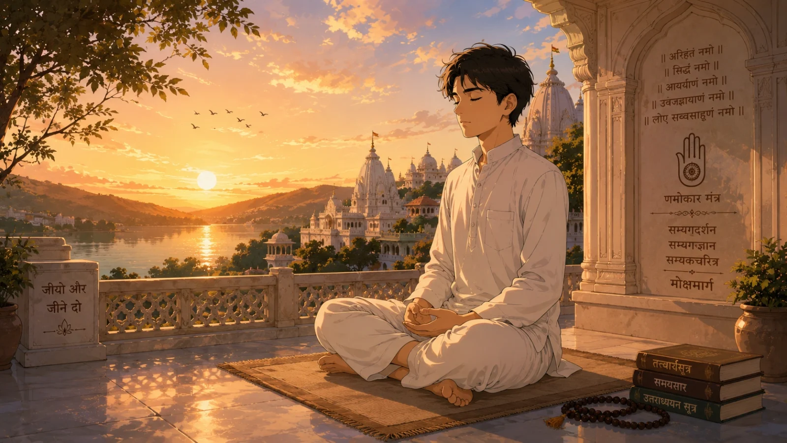 Jain Shravak Meditating Alone at Peaceful Sunset Landscape