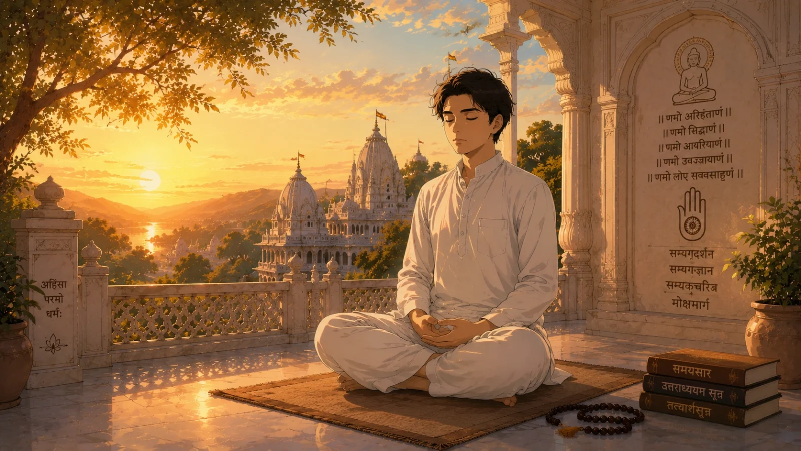 Jain Shravak Meditating Peacefully at Sunset in Temple Courtyard