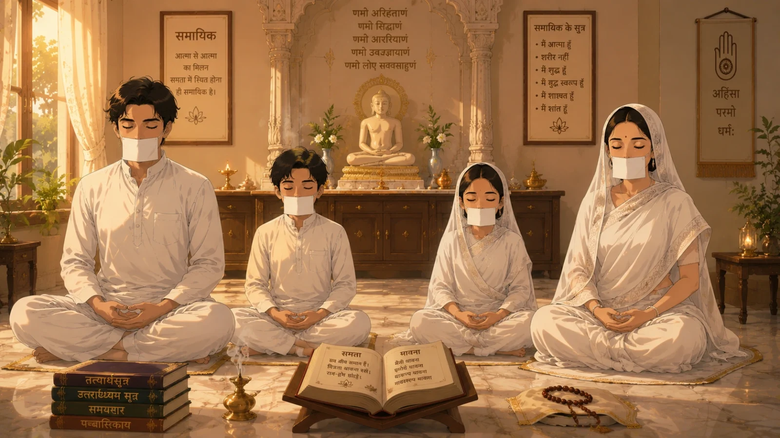Indian Jain Shravak Family Performing Samayik Meditation with Mupatti