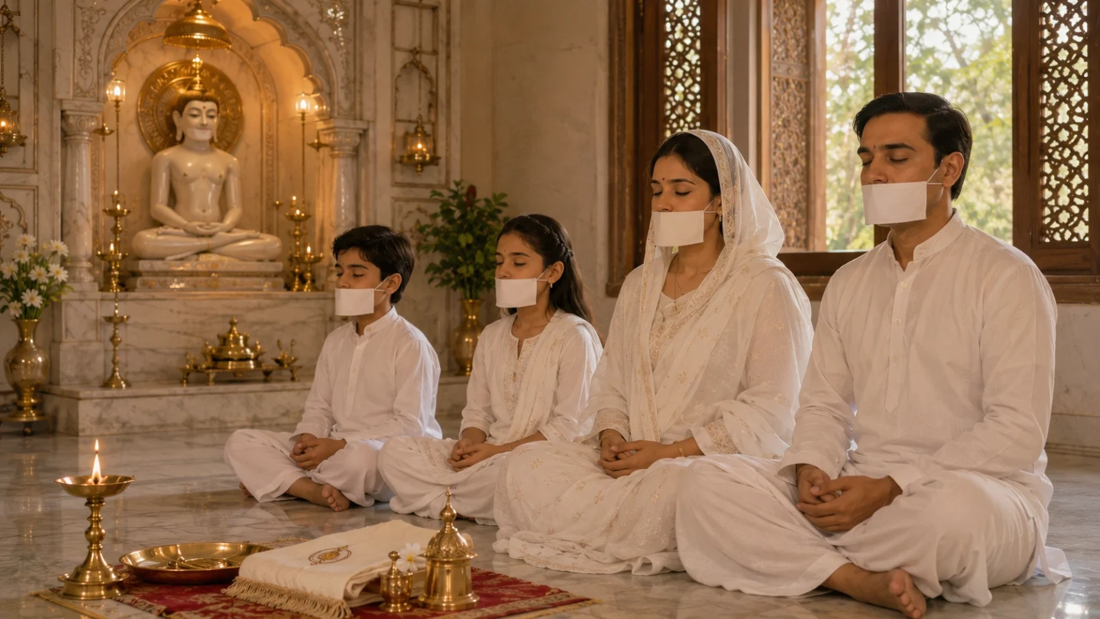 Indian Jain family meditating in a Jain temple wearing white traditional clothes and Mukhpatti (mouth covers)