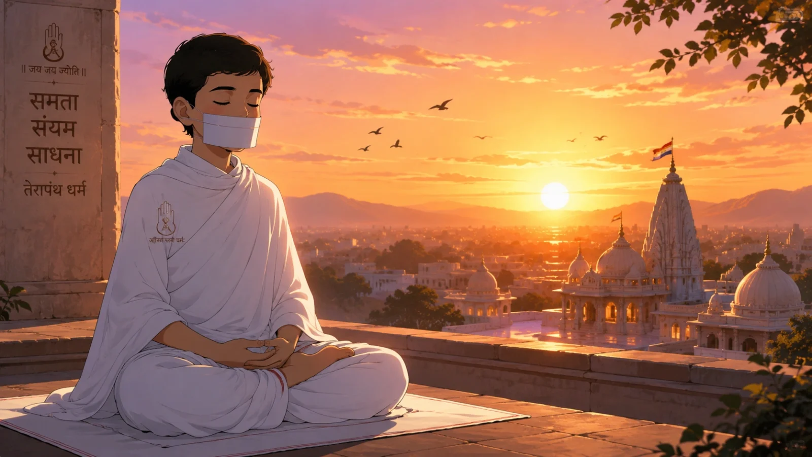 Terapanthi Boy Meditating at Sunrise, Peaceful Spiritual Wallpaper
