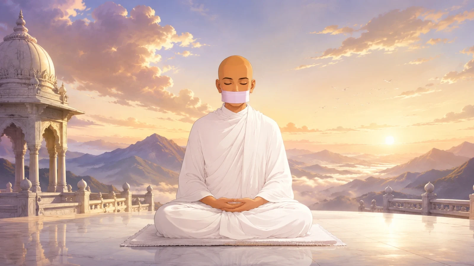 Jain Terapanth Muni meditating peacefully, anime spiritual wallpaper, serene mountains backdrop.