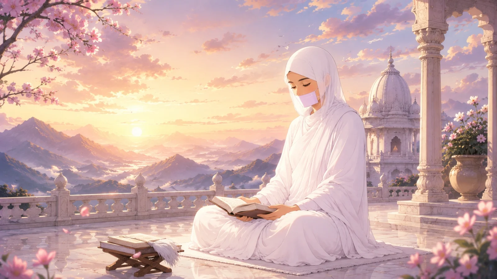 Jain Terapanth Sadhvi anime wallpaper, peaceful meditation, spiritual mountain landscape