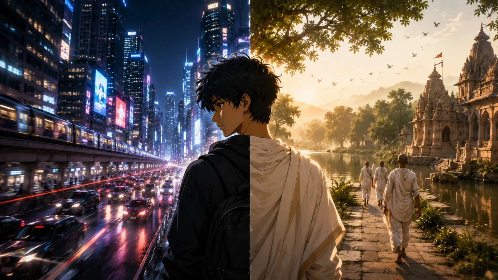Indian boy between fast city life and peaceful Jain spiritual life