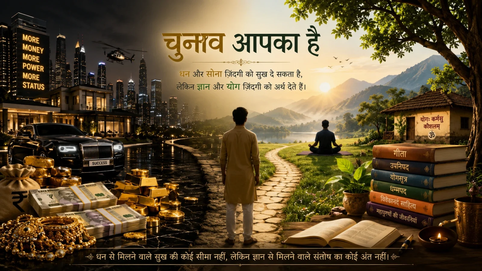 Indian wallpaper contrasting wealth, gold, books, yoga, wisdom, peace.