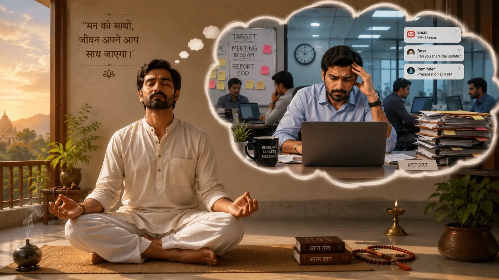 Indian man sitting in meditation posture at home while imagining a stressful office environment