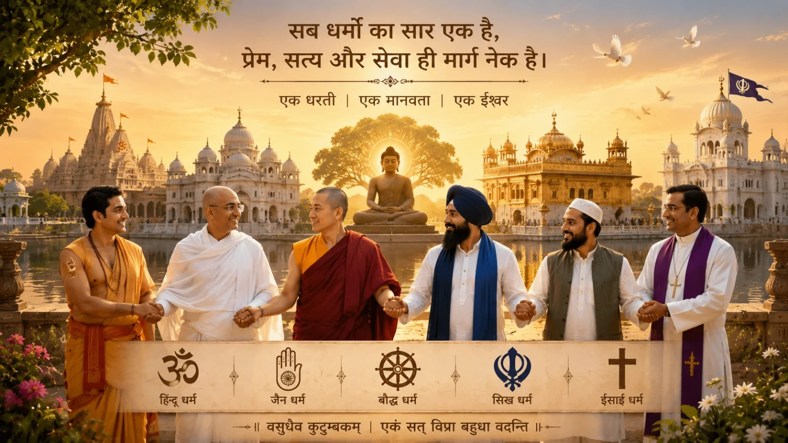 Indian religions united in harmony promoting peace, unity, and brotherhood