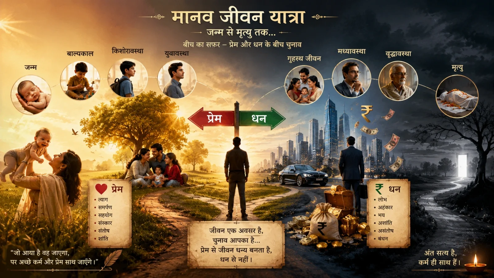 Human life journey from birth to death, love, wealth, spirituality