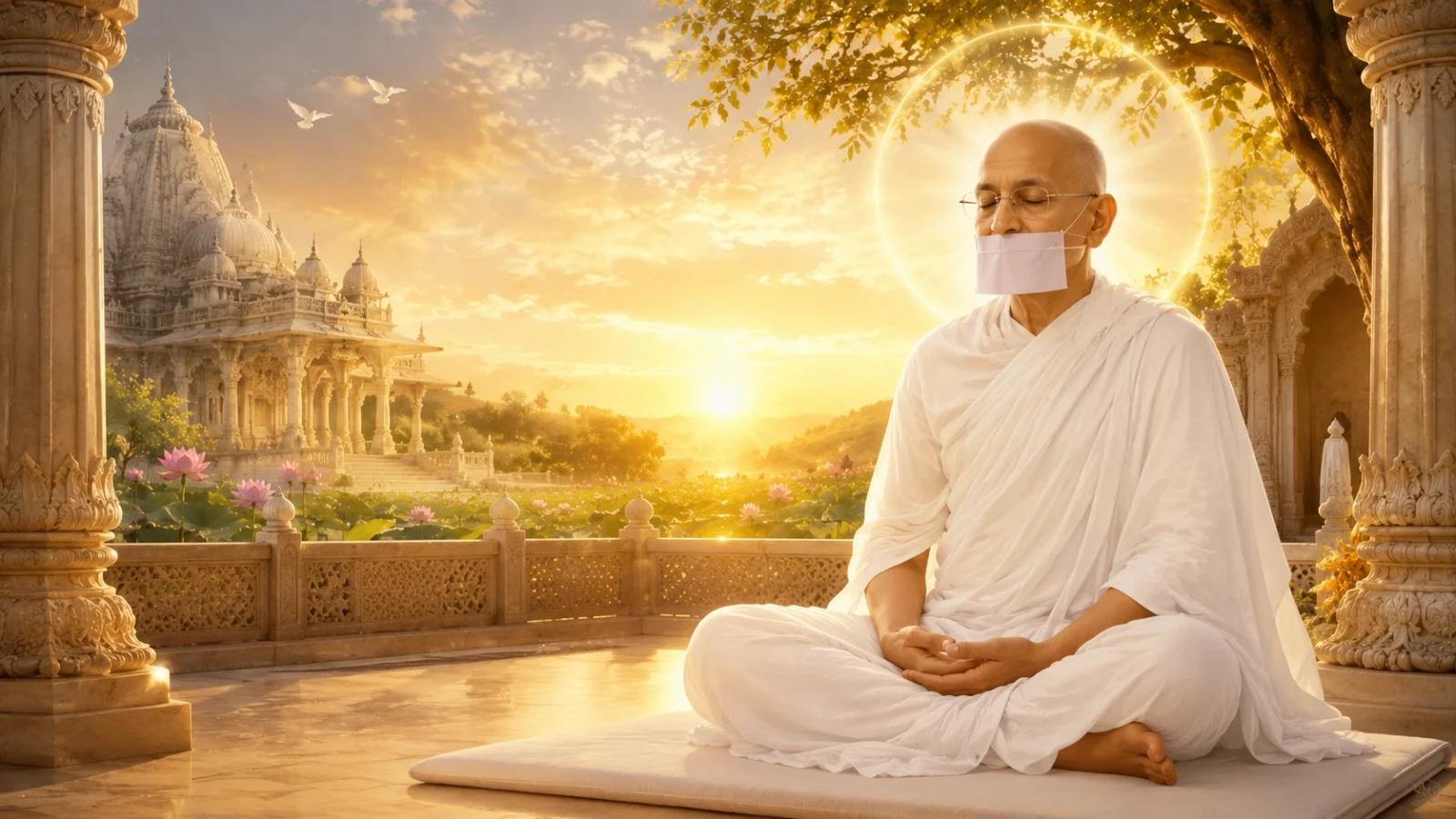 Jain Terapanth Acharya meditating peacefully amid serene temple spiritual landscape