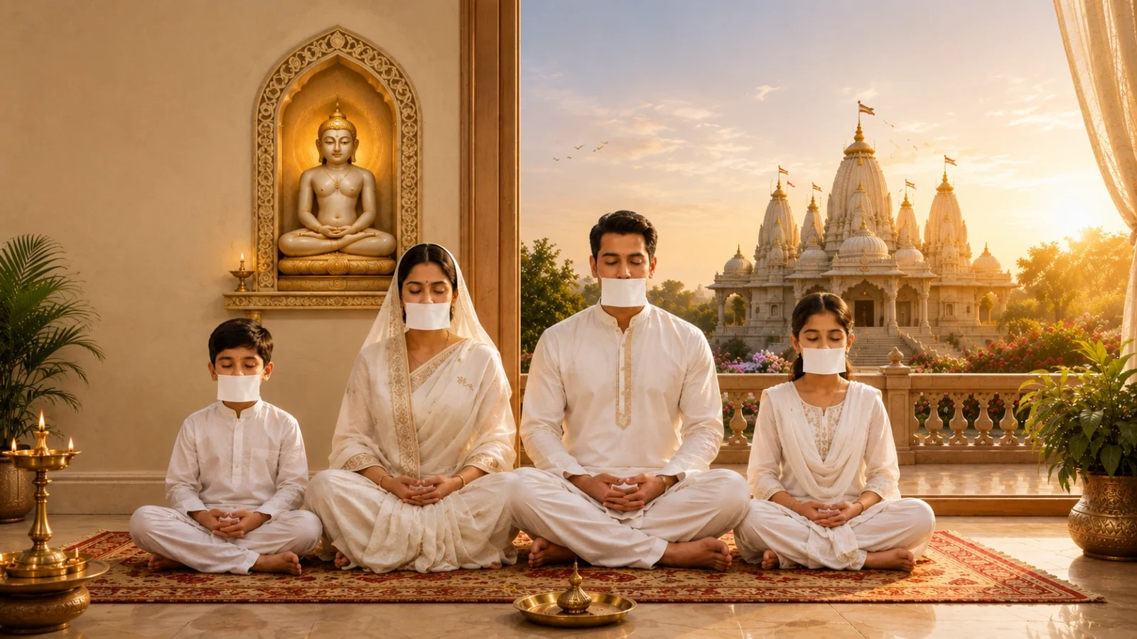 Jain family meditating with muhpatti, peaceful spiritual temple wallpaper