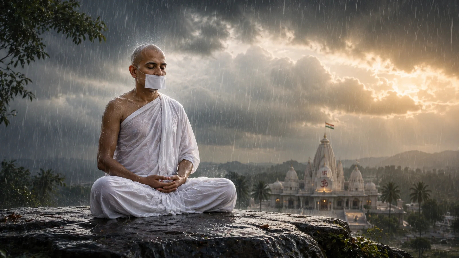 Jain Terapanth monk meditating intensely in rain, spiritual wallpaper