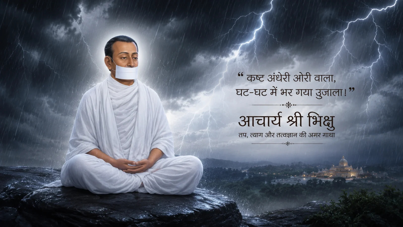 Acharya Bhikshu meditating peacefully amid thunderstorm