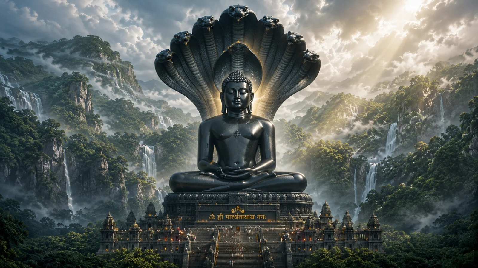 Grand black stone Lord Parshvanath statue with seven snakes in dense forest