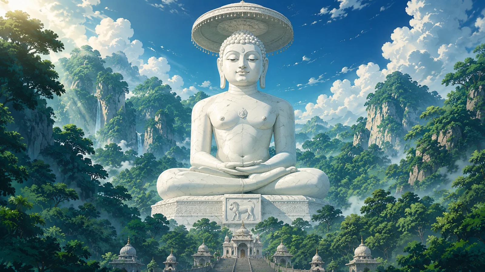 Colossal white marble Lord Mahavir statue in dense forest anime wallpaper