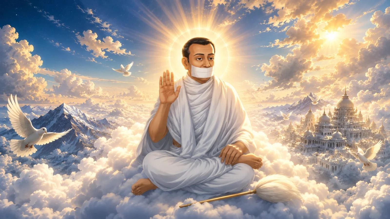 Acharya Bhikshu seated on celestial clouds