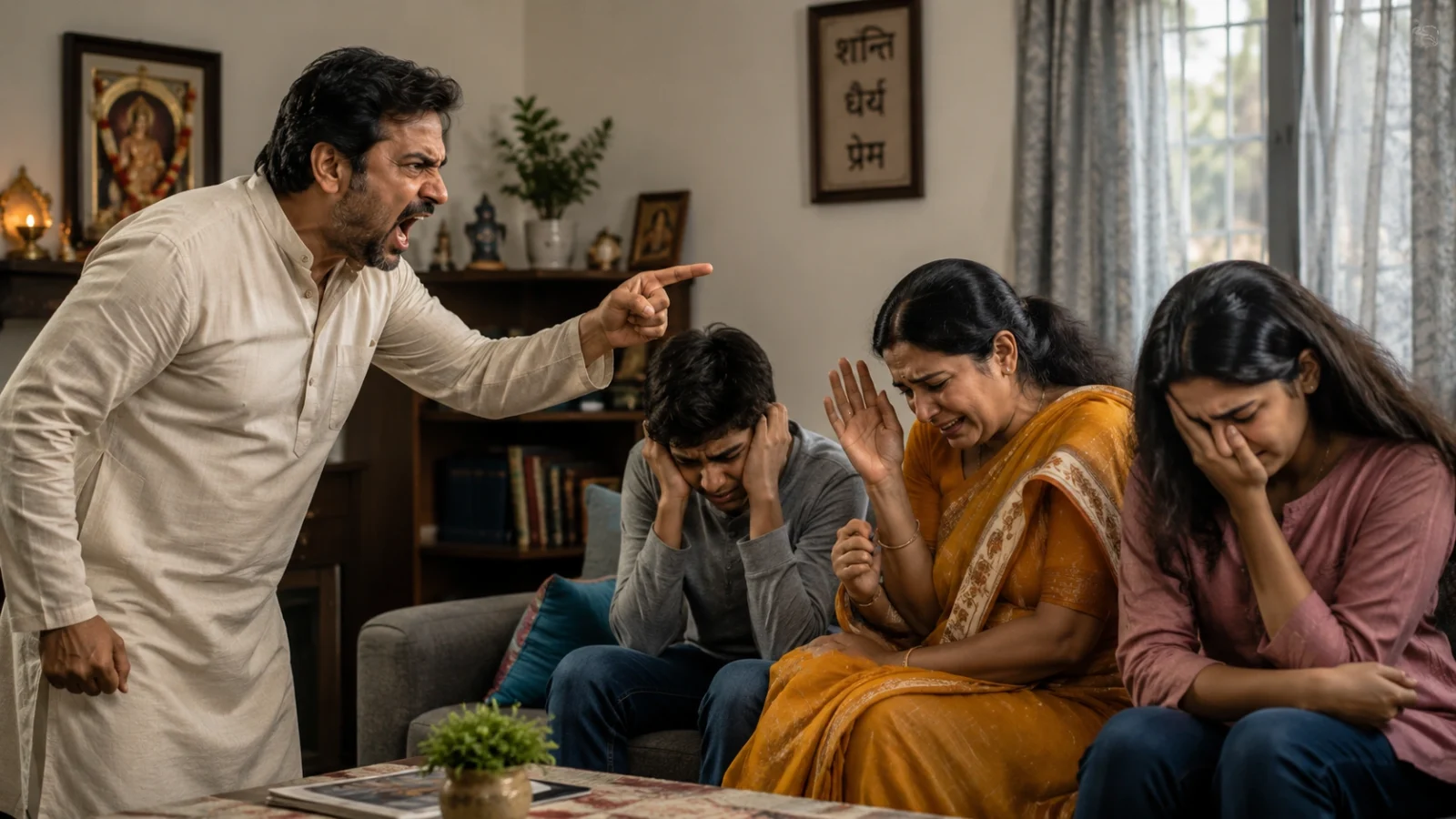 Angry man shouting at distressed family members in Indian home