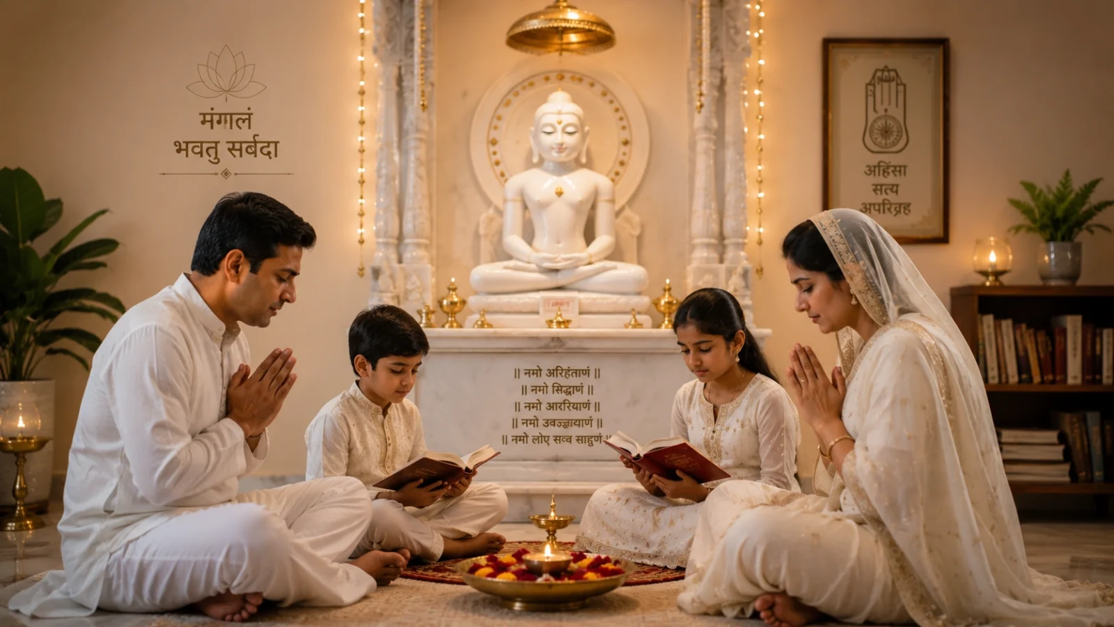 Jain family chanting Mangal Stotra together in peaceful prayer