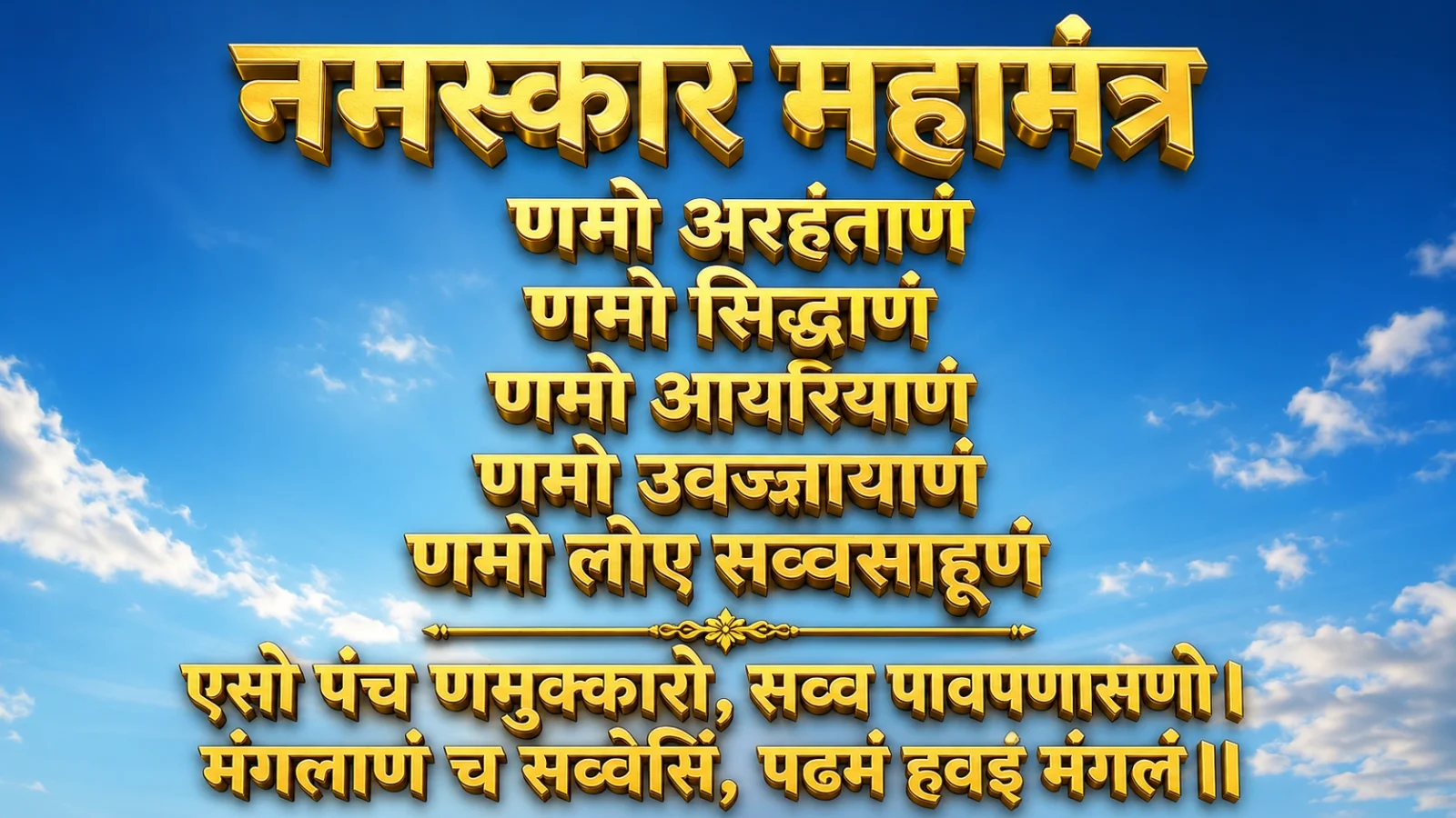 Namokar Mantra golden 3D inscription on snowy white mountains