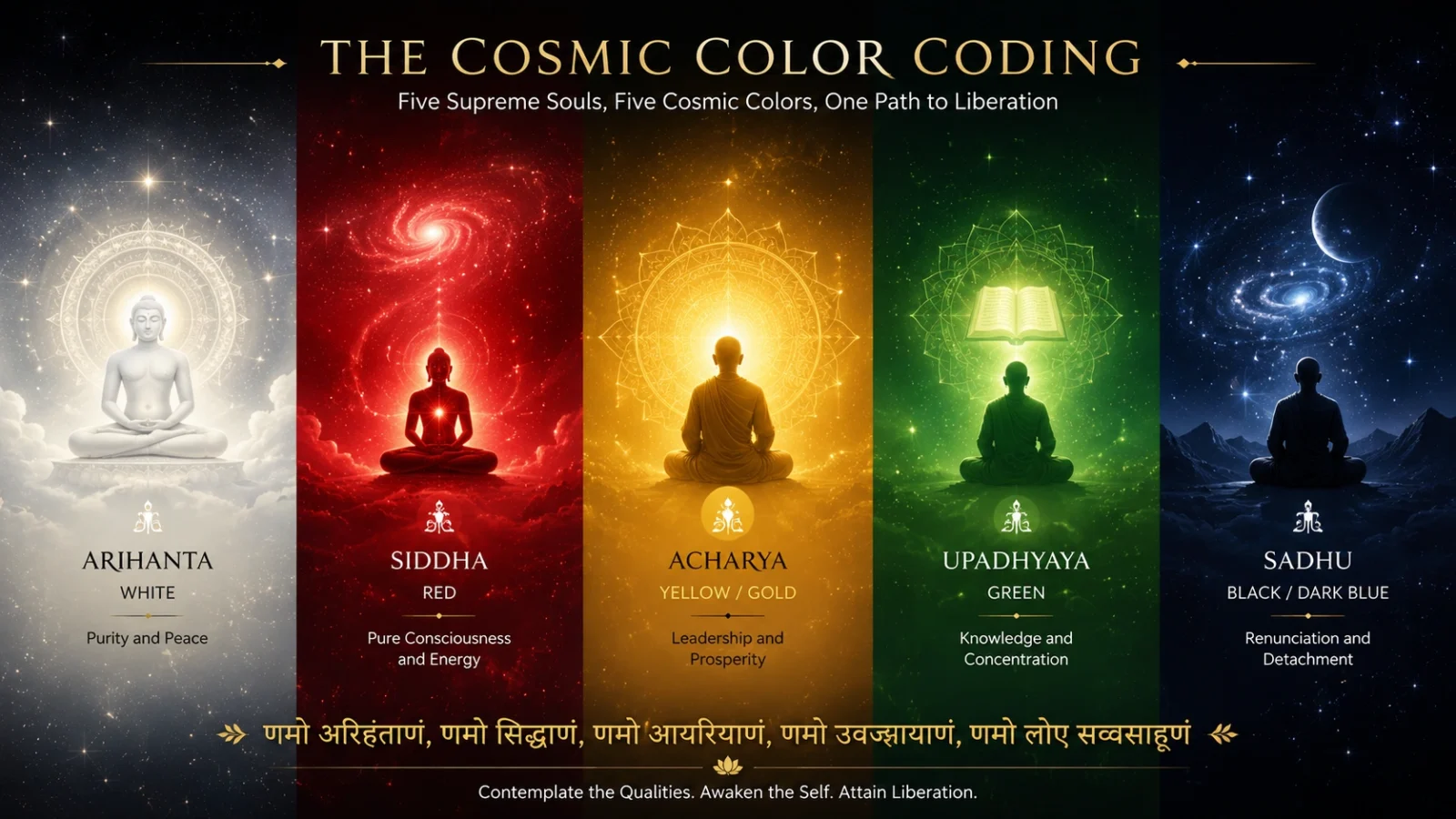 Jain Cosmic Color Coding wallpaper showing the five supreme souls (Panch Parmesthi) with their meditation colors: Arihanta, Siddha, Acharya, Upadhyaya, and Sadhu.