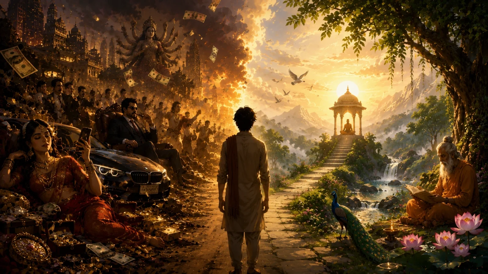 Anime illustration contrasting material wealth, spiritual liberation, Indian landscape, serene enlightenment journey.