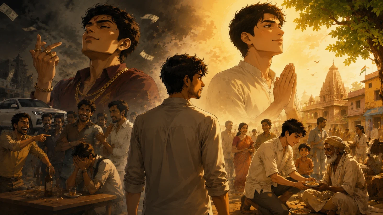 Anime Indian man choosing humility over ego amid village contrast