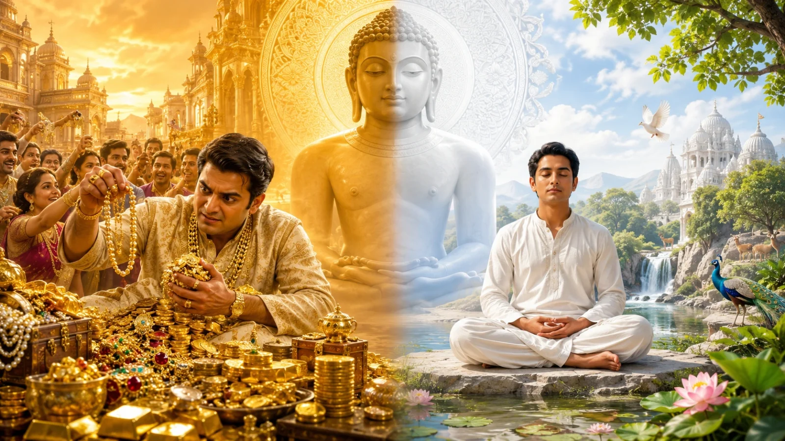 Bright Jain wallpaper contrasting greed, meditation, peace, spirituality, enlightenment, inner harmony, serenity