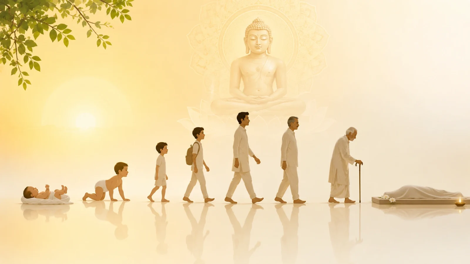 Minimalist Jain wallpaper illustrating the peaceful journey from birth to death with spiritual serenity.